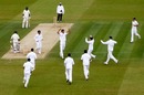 Steve Finn celebrates a wicket