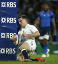 George Ford crosses in the shadow of the posts for England's fourth try
