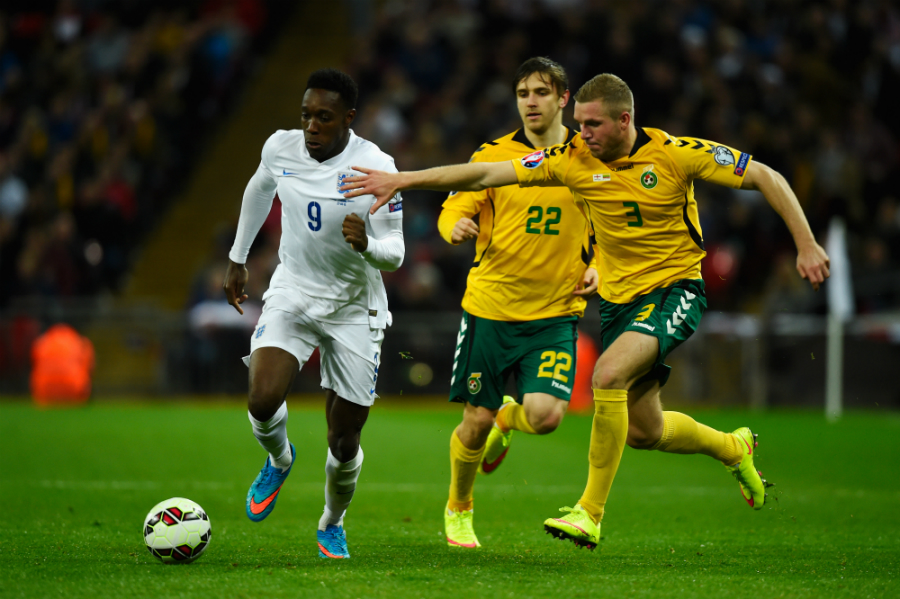 Danny Welbeck runs at the Lithuania defence