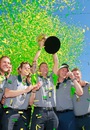 Michael Clarke and the rest of the Australia cricket team celebrate with the Cricket World Cup trophy