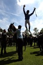 Frankie Dettori produces a flying dismount after his win on Hibaayeb in the Ribblesdale Stakes
