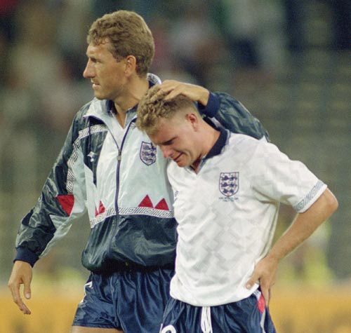 Paul Gascoigne bursts into tears and is consoled by Terry Butcher