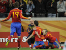David Villa celebrates with Andrés Iniesta Pepe Reina